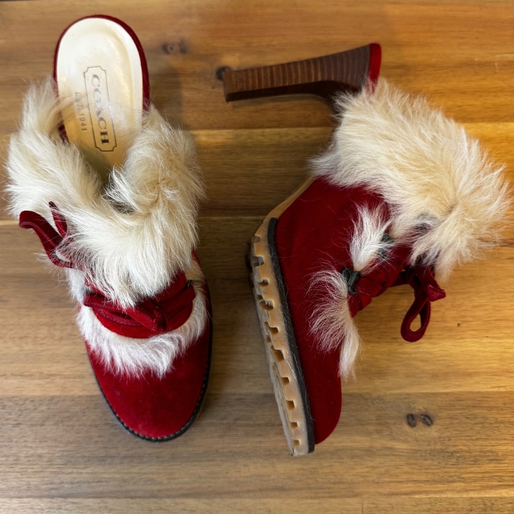 Coach Kristy Women 8.5 Red Suede Fur Trim Lace Up Mule Heels Italy Cozy Designer